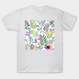 Spring various wildflowers watercolor illustration. Blooming spring garden. Romantic floral composition T-Shirt